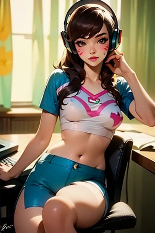 d.va (overwatch),overwatch,1girl, shorts, solo, crop top, sitting, midriff, headphones, breasts, whisker markings, brown hair, indoors, chair, facial mark, socks, shirt, medium breasts, long hair, looking at viewer, brown eyes, navel, window, rabbit print, kneehighs, keyboard (computer), blue shirt, nose, realistic, animal print, blue shorts, swivel chair, short shorts, lips, cropped shirt, covered nipples, facepaint, monitor, short sleeves, computer, asian, curtains, striped socks, knee up, artist name, gaming chair, casual, pink lips, swept bangs, blue socks, fingernails, dolphin shorts, desk, character name, office chair, closed mouth, day, mouse (computer), web address, signature, stomach, patreon username