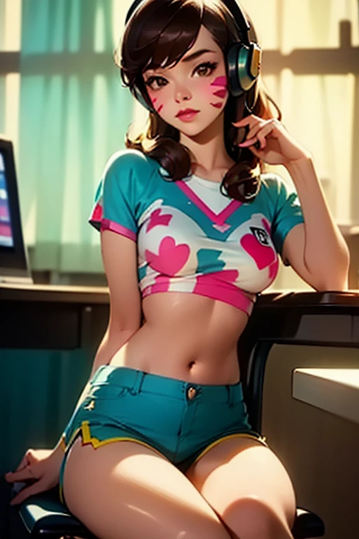 d.va (overwatch),overwatch,1girl, shorts, solo, crop top, sitting, midriff, headphones, breasts, whisker markings, brown hair, indoors, chair, facial mark, socks, shirt, medium breasts, long hair, looking at viewer, brown eyes, navel, window, rabbit print, kneehighs, keyboard (computer), blue shirt, nose, realistic, animal print, blue shorts, swivel chair, short shorts, lips, cropped shirt, covered nipples, facepaint, monitor, short sleeves, computer, asian, curtains, striped socks, knee up, artist name, gaming chair, casual, pink lips, swept bangs, blue socks, fingernails, dolphin shorts, desk, character name, office chair, closed mouth, day, mouse (computer), web address, signature, stomach, patreon username