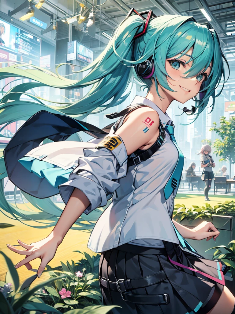 Beautiful girl playing a game in a gaming room with a headset on, watching a TV screen and holding a Playstation 5 game controller,

score_9,score_8_up,score_7_up,score_6_up BREAK official art,solo,outdoors,smile,looking at viewer,facing viewer,hatsune miku,absurdly long hair,aqua hair,twintails,hair ornament,sidelocks,hair between eyes,parted bangs,aqua eyes,white shirt,collared shirt,bare shoulders,sleeveless shirt,aqua necktie,detached sleeves,black sleeves,shoulder tattoo,fringe,black thighhighs,miniskirt,pleated skirt,zettai ryouiki,thigh boots,
