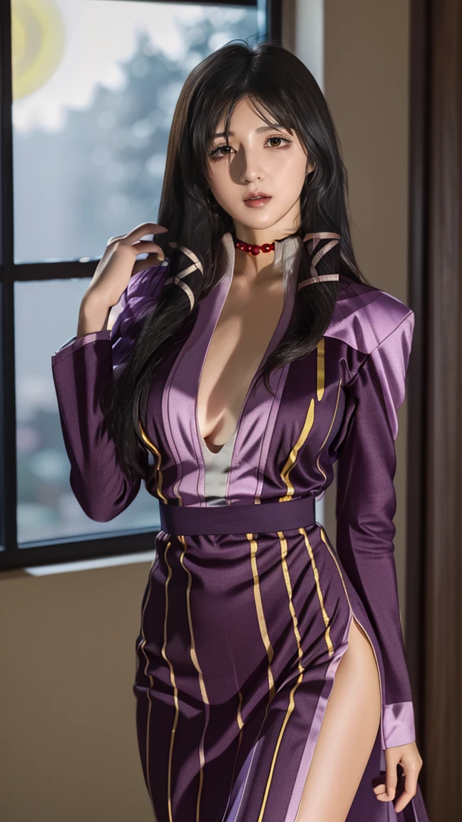 (night:1.7), HD, In front of the window with the curtain, curtain, Stand in an upright and immobile position, purple costume, Checked skirt, jewelry, necklace, Black Hair, Yellow eyes, Very long hair, 1girl, robe, Mature Woman, beautiful Finger,beautiful long legs, beautiful bodysuit, beautiful Nose, beautiful character design, Perfect Eyes, perfect face, View your viewers, (close:1.3), Browsing Caution, Official Art, Very detailed CG Unity 8k wallpaper, Perfect lighting,colorful, bright_front_face_Lighting,
(masterpiece:1.0),(Highest_quality:1.0), 超High resolution,4K,Very detailed, photograph, 8k, High resolution, High resolution, Absurd:1.2, 400 for Kodak Port, Film Grain, Blurred Background, bokeh:1.2, Lens flare, (Vibrant_color:1.2)
(beautiful,big_chest:1.0), (beautiful_face:1.5),(narrow_Waist), Iki face, nsfw, full body, yellow eyes pupil