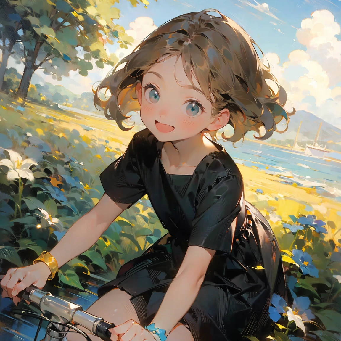 masterpiece,   High Quality  , ***1 person, Alone,  Kind Face ,Slanted Eyes,active,  Low Angle  ,     black skirt   ,  オレンジ色のタンクトップオーバーブラックShort sleeveシャツ, green hair,   shorthair  ,  no bangs  ,bicycle,Outdoor,   bracelets staring at the viewer, green hair,Short sleeve, green hair like mugwort  ,adhesive bandages on the nose , show your teeth and smile 