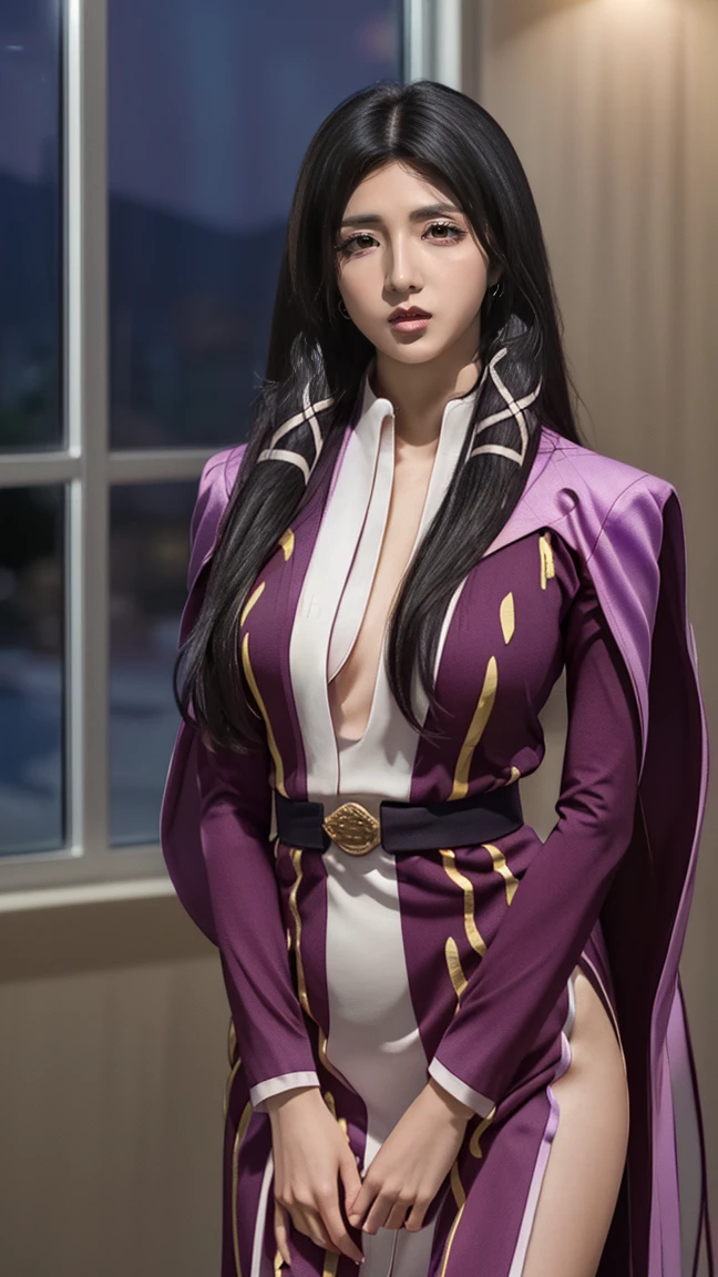 (night:1.7), HD, In front of the window with the curtain, curtain, Stand in an upright and immobile position, purple costume, Checked skirt, jewelry, necklace, Black Hair, Yellow eyes, Very long hair, 1girl, robe, Mature Woman, beautiful Finger,beautiful long legs, beautiful bodysuit, beautiful Nose, beautiful character design, Perfect Eyes, perfect face, View your viewers, (close:1.3), Browsing Caution, Official Art, Very detailed CG Unity 8k wallpaper, Perfect lighting,colorful, bright_front_face_Lighting,
(masterpiece:1.0),(Highest_quality:1.0), 超High resolution,4K,Very detailed, photograph, 8k, High resolution, High resolution, Absurd:1.2, 400 for Kodak Port, Film Grain, Blurred Background, bokeh:1.2, Lens flare, (Vibrant_color:1.2)
(beautiful,big_chest:1.0), (beautiful_face:1.5),(narrow_Waist), Iki face, nsfw, full body