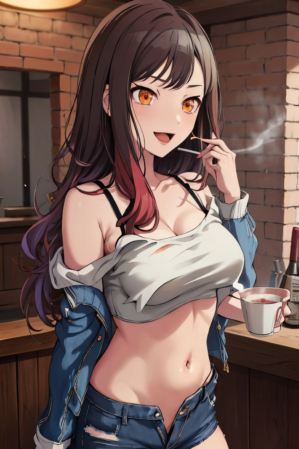 Shiraishi An, large breast, long hair, earrings, red lips, large breasts, ear piercing, long hair, blush, lipstick,Hot girl, baddie,
smoking, sensual, attractive, bar background, inside bar, masterpiece,high quality,4k, bare shoulder,belly,crop top,holding pistol,cleavage, unbuttoned shirt,shirt, knot, indoor,smile, open mouth, (nsfw) not safe for work, evil expression, exposed belly, exposed navel, exposed midriff, exposed lower belly, crop top overhang, underboob,jacket, unbuttoned jeans , low rise black jeans, Low rise jeans, Low rise jeans with open fly, 