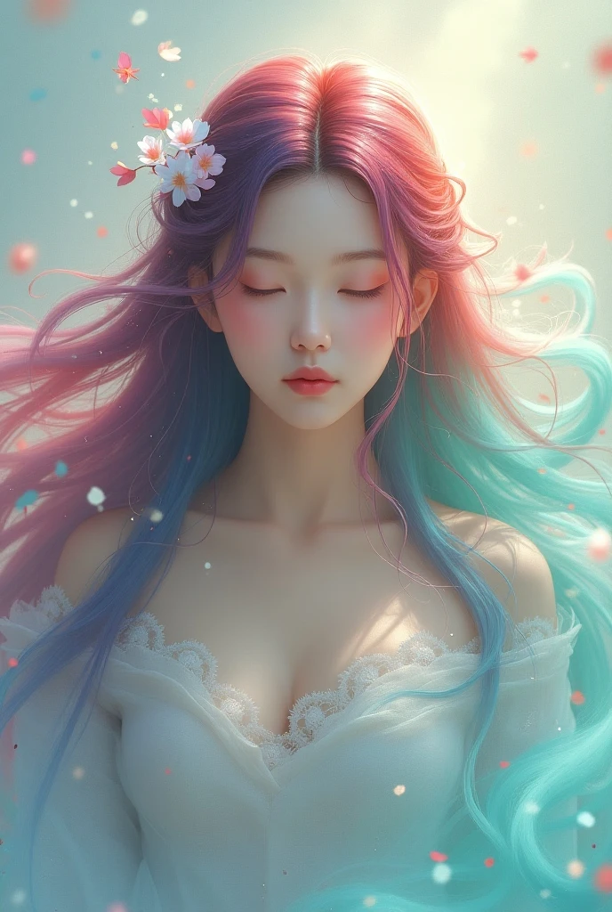 pastel, 1geisha with flowery and futuristic clothing and symmetrical background made by technological spheres and Japanese words