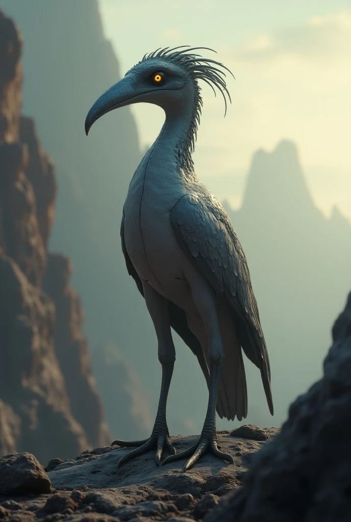 A Kyllimir-Auk standing on an alien rocky terrain, their tall and slender form silhouetted against an otherworldly atmosphere. Their metallic silver skin glimmers in the strange light, and their elongated, featureless head and large glowing eyes exude intelligence and a deep connection to the cosmos.