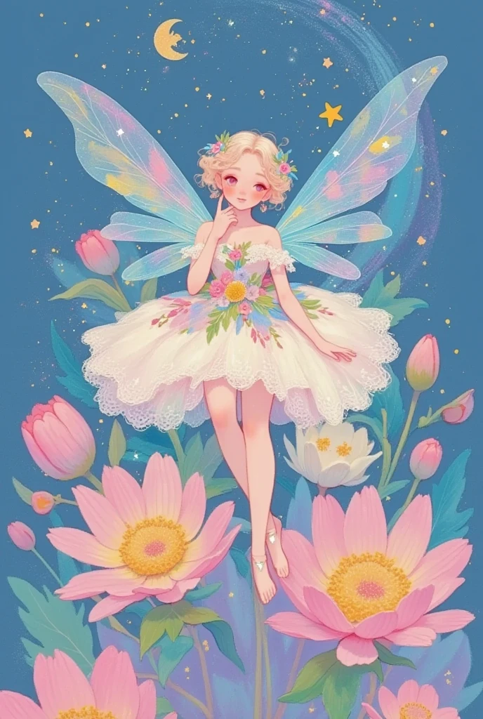 a cartoon fairy sitting on a flower with a moon in the background, an anime drawing by Ni Tian, pixiv, fantasy art, space flower fairy, beautiful fairy, fairy aesthetics, beautiful fairies, study of a flower fairy, astral fairy, beautiful fairie, faerie, portrait of a fairy, dreamy illustration, smiling as a queen of fairies, beautiful adult fairy