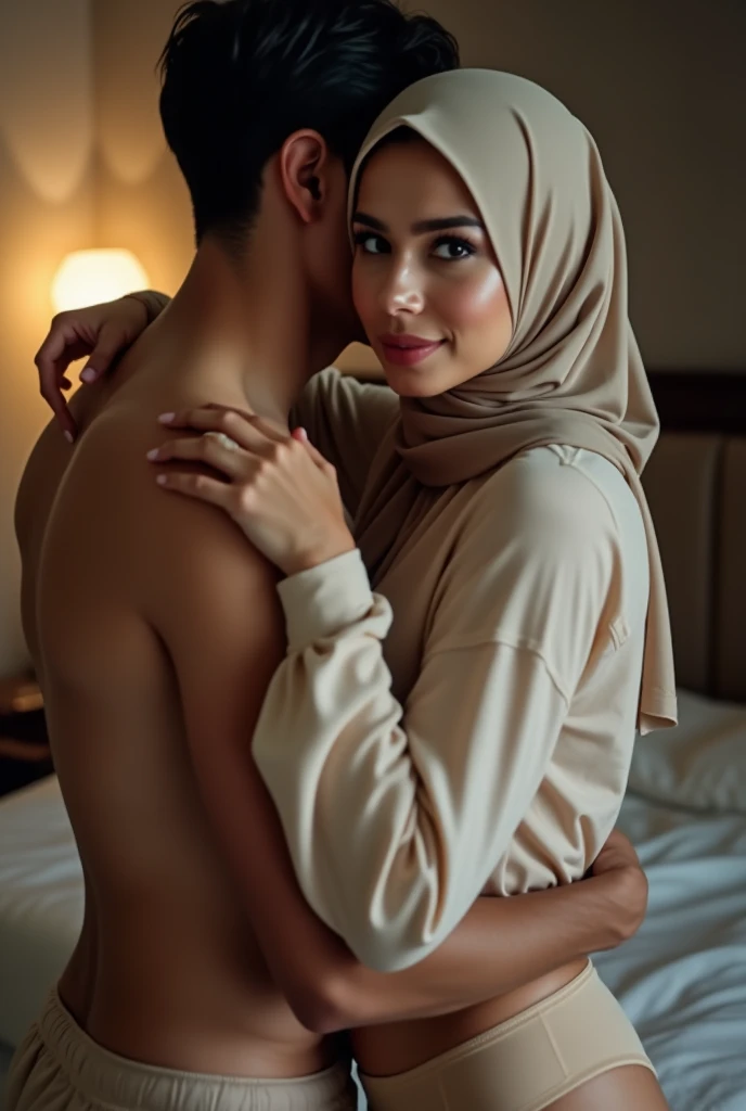 a hijab girl and man are doing sex, doggy pose, camera front angle, face expression hot, no clothes, no pants, indoor, on the bed