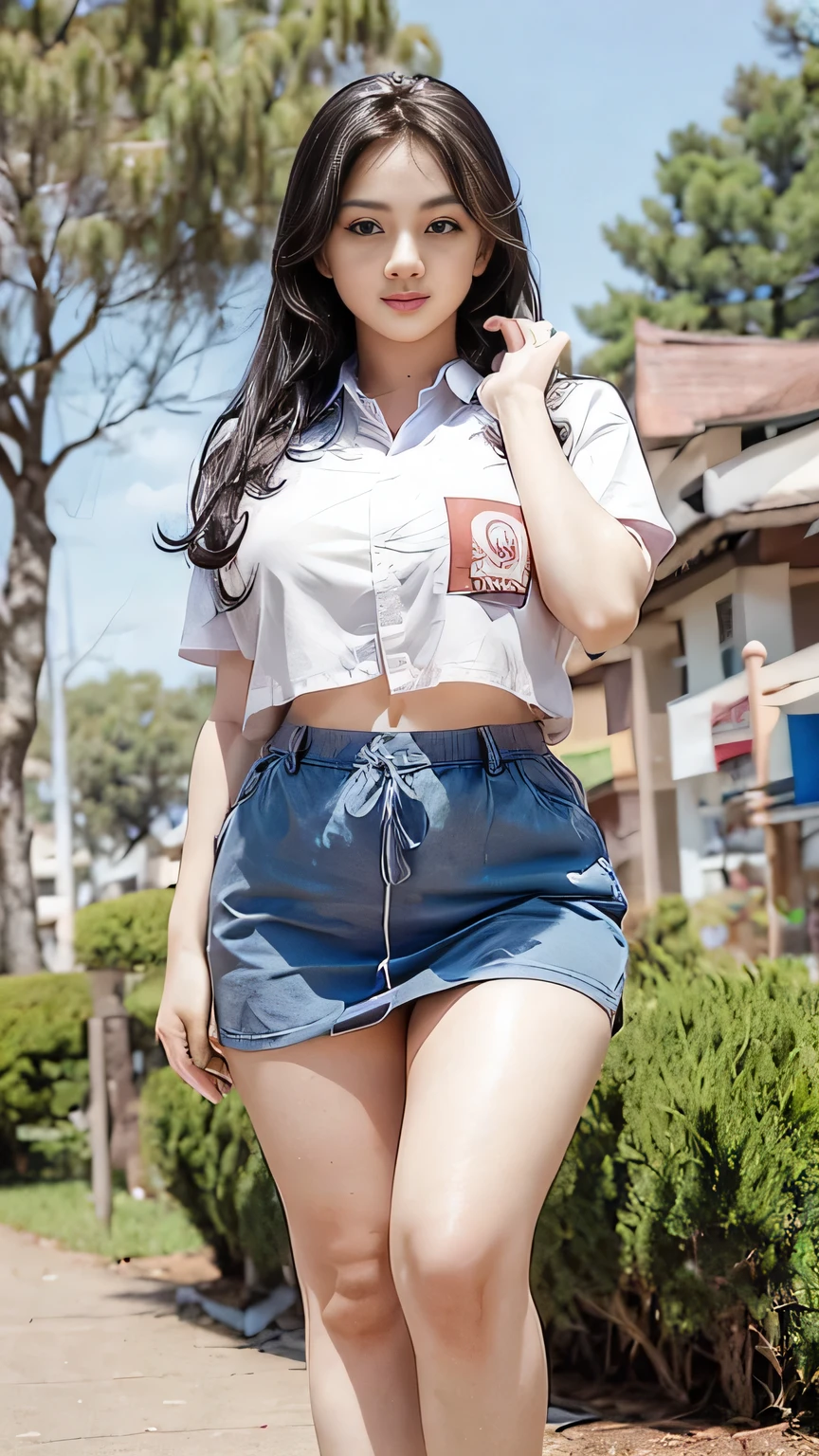 1girl, (Indonesian_high_school), detailed face, detailed eyes, thick huge breasts, detailed skin, looking at the audience, clear light, (8k, RAW photo, best quality, masterpiece: 1.4), (realistic, realistic: 1.37), (distance: 1.5), ultra-high resolution, photorealistic, high resolution, solo, wide muscular hips, realistic face, (detailed face), sexy pose, black hair Color, camera shot from under, (busty), clean armpit, six pack belly, large breasts, full body angle, 19-years-old-girl, perfect thighs, muscular thighs, muscular arms, standing in a park, wearing sexy short skirt, wearing tight closed-button shirt, asian goddess, long hair, straight hairstyle, muscular belly, thick wide muscular hips, muscular arm, full body view, curvy body, tall body, smooth body, smooth legs, smooth skin