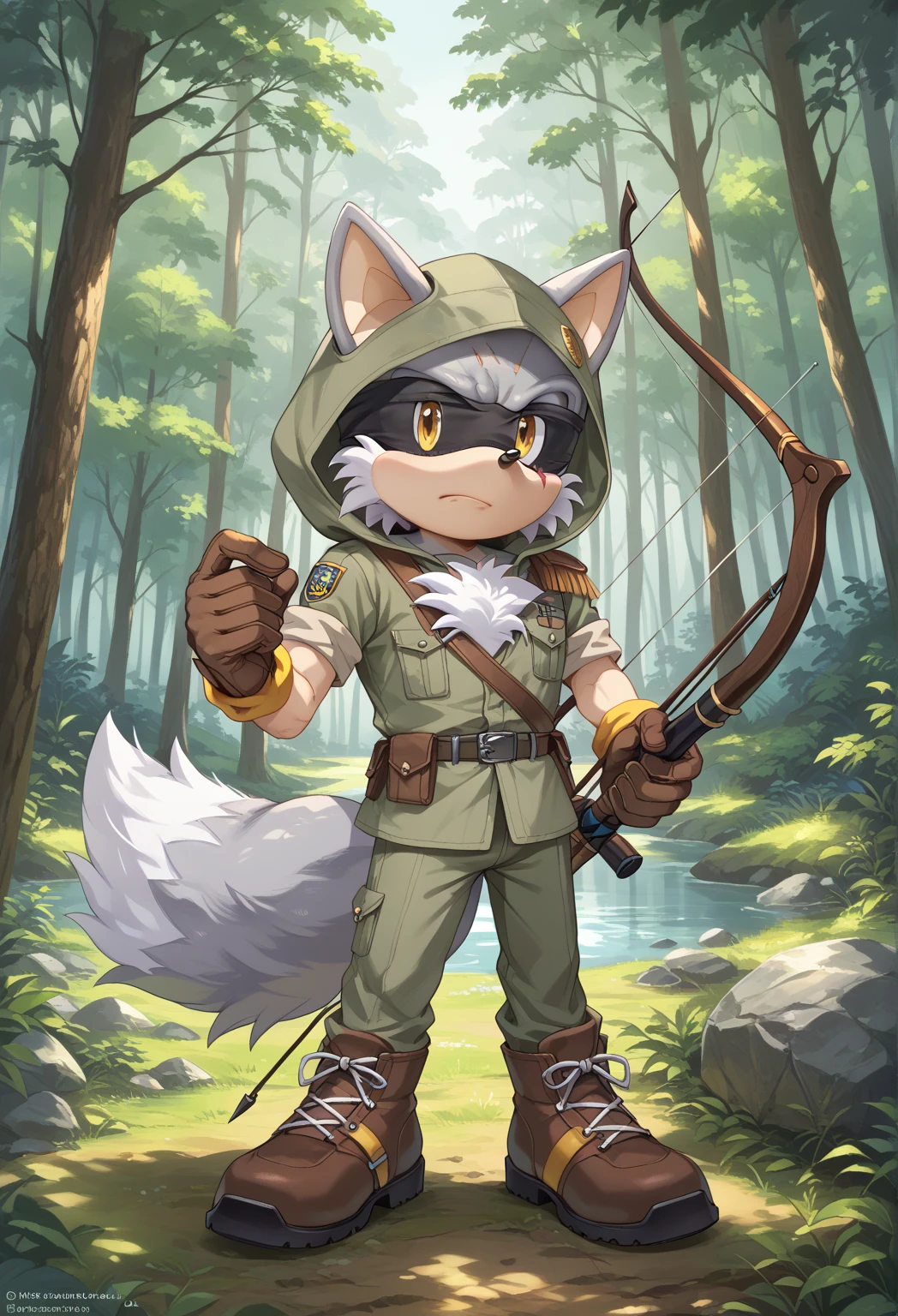 Male Wolf, ((Sonic character oc )), Male adult, ( silver fur in all body ), ( light gray inner ears ), (Alone), ( Short and messy hair ), forest, Left eye Blind , scar near the left eye that crosses the left eye diagonally, bow and quiver, con un hunter bow , Archery, wears a hood, brown gloves with cut toes and boots, yellow Eyes, Day time, ((mobian)), moebius forest, ranger clothing, (Fluffy Fur), Large Fluffy Tail, Serious poses, blindfold only one eye, with a Robot crow on the shoulder