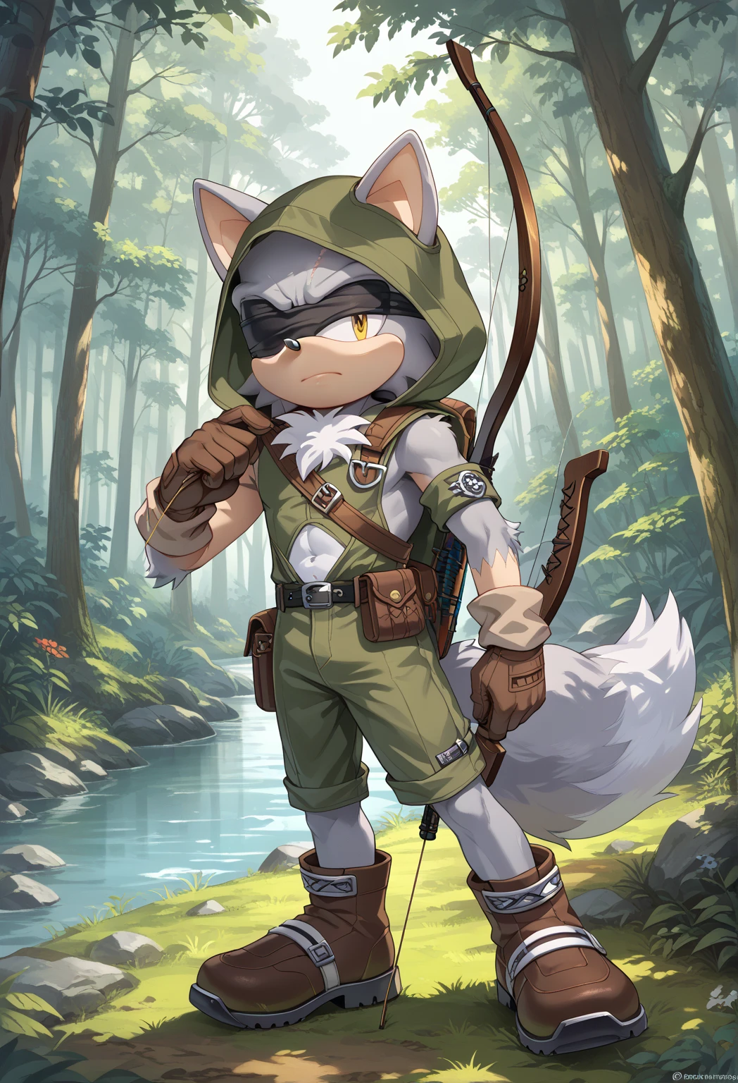 Male Wolf, ((Sonic character oc )), Male adult, ( silver fur in all body ), ( light gray inner ears ), (Alone), ( Short and messy hair ), forest, Left eye Blind , scar near the left eye that crosses the left eye diagonally, bow and quiver, con un hunter bow , Archery, wears a hood, brown gloves with cut toes and boots, yellow Eyes, Day time, ((mobian)), moebius forest, ranger clothing, (Fluffy Fur), Large Fluffy Tail, Serious poses, blindfold only one eye, with a Robot crow on the shoulder