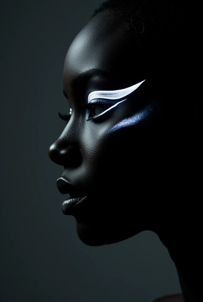 A hyper-realistic, high-contrast profile portrait of a woman with dark, smooth skin, illuminated to highlight her facial features. The woman has strikingly bold, vibrant white makeup, with eyeshadow that sharply accentuates her eyelids and lips painted in the same vivid white shade, creating a visually striking contrast against her deep skin tone. The lighting casts gentle shadows, enhancing the smooth texture of her skin, while the highlights accentuate the curves of her nose, lips, and cheekbone. The background is a black-white line brick color, providing a clean and modern contrast to the dark and vivid tones of the portrait, making the image pop. The woman's eye is focused forward, with long, defined eyelashes that add to the sharpness of the look. The overall aesthetic is bold, sleek, and futuristic, emphasizing minimalism with a strong emphasis on color and texture contrast. The composition captures a sense of elegance and intensity, with the precise lighting adding depth and dimension
