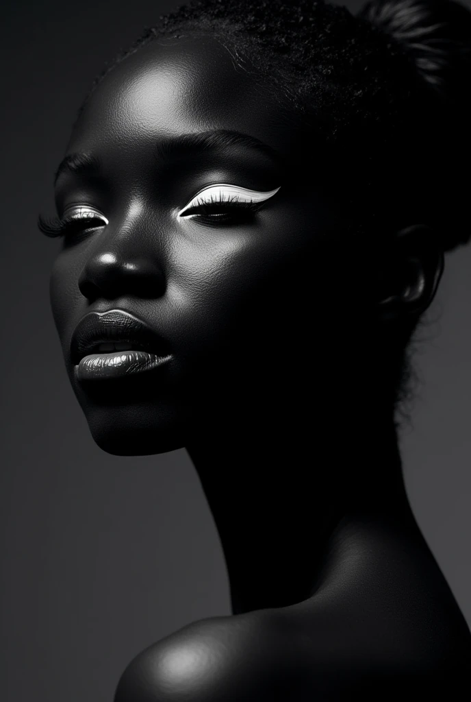 A hyper-realistic, high-contrast profile portrait of a woman with dark, smooth skin, illuminated to highlight her facial features. The woman has strikingly bold, vibrant white makeup, with eyeshadow that sharply accentuates her eyelids and lips painted in the same vivid white shade, creating a visually striking contrast against her deep skin tone. The lighting casts gentle shadows, enhancing the smooth texture of her skin, while the highlights accentuate the curves of her nose, lips, and cheekbone. The background is a black-white line brick color, providing a clean and modern contrast to the dark and vivid tones of the portrait, making the image pop. The woman's eye is focused forward, with long, defined eyelashes that add to the sharpness of the look. The overall aesthetic is bold, sleek, and futuristic, emphasizing minimalism with a strong emphasis on color and texture contrast. The composition captures a sense of elegance and intensity, with the precise lighting adding depth and dimension
