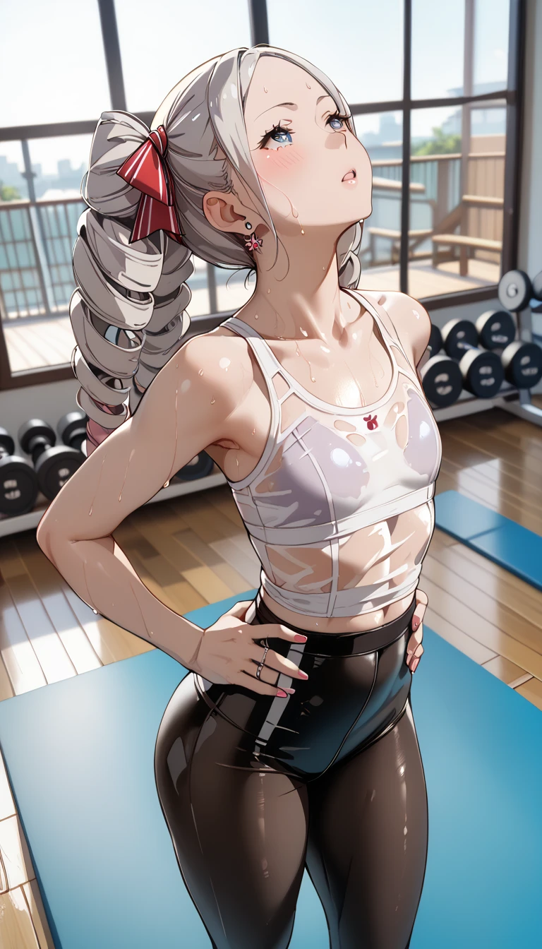 creamy long pale hair，double twin tails、(sweaty skin)、 (highest quality, 8K, 32K, masterpiece, UHD:1.2)、wet clothes、((see-through))、blush,(((sweat))),((from adove)),(latex tank top),short leggings,fitness,training、ring earrings、(big Thighs)、(big hip)、steam、(((yoga)))、(((yoga pose)))、dynamic pose、(((leaningback))) 、(((arched back)))、hands on hips、(((looking up)))、flat chest