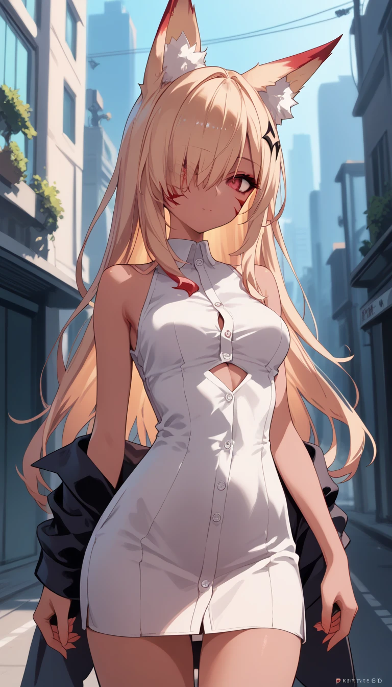  dark skin ,  hair covers the eye, rpg, sperm, bare shoulders, 1 girl,  long golden hair, 4K,  red eyes , , fox ears,  duration , hair template ,   red stripes on face,  compose, black mascara, cutout,  unbuttoned buttons , sleeveless, brassiere, short dress, city street