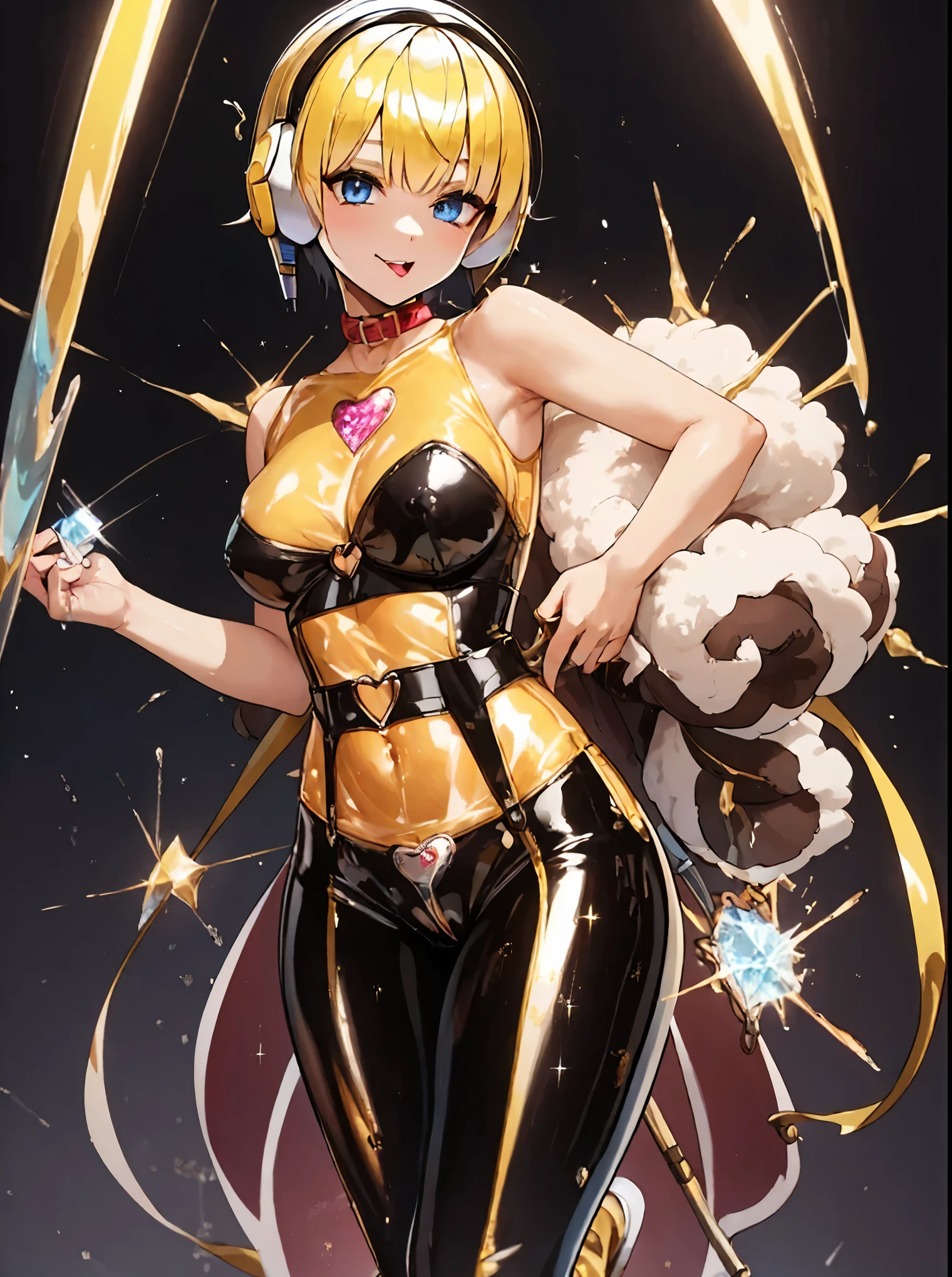 Elesa. One person. (thick legs) glossy. Glitter. Full body latex bodysuit. See-through costume. Black and yellow latex bodysuit. Short hair. Heart crystal on collar. Chastity belt. A heart lamp glows on metal pants. Place hands on lower abdomen. Simple dark background.