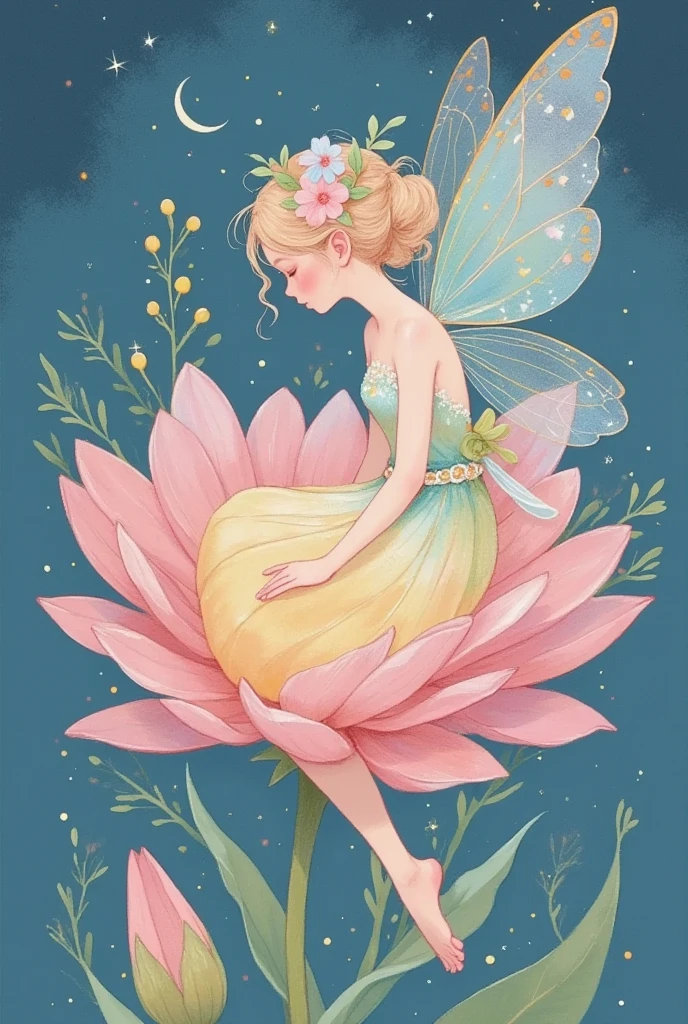 a cartoon fairy sitting on a flower with a moon in the background, space flower fairy, beautiful fairy, fairy aesthetics, beautiful fairies, study of a flower fairy, astral fairy, beautiful fairie, faerie, portrait of a fairy, dreamy illustration, smiling as a queen of fairies, beautiful adult fairy, fairy-tale illustration style, dreamy and detailed