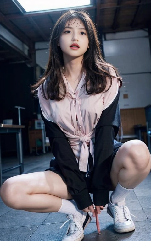 Trinity from Matrix wearing a black overcoat and a very short black mini skirt, sitting with her legs open lifting her skirt showing her pink panties underneath the skirt