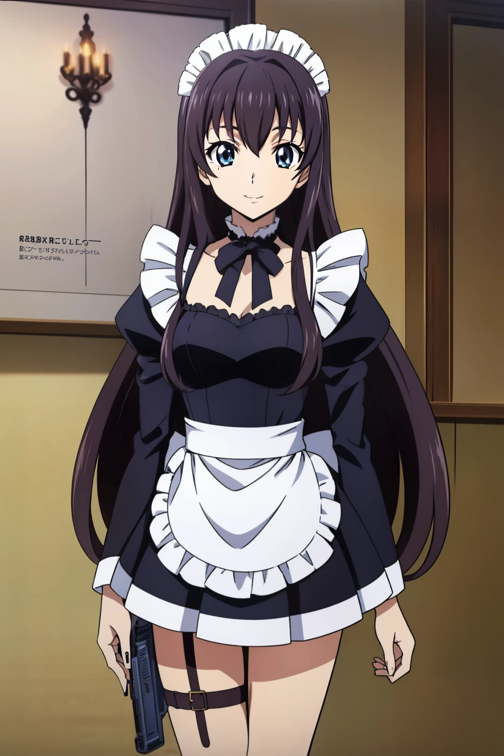 from side, 1 girl, cute, black hair, long hair, 髪band, lift up skirt, ((holding the gun in the leg holster)), ((Leg holster)), Beautiful leg, (smile), (Gothic coffee shop), ((maid)), (anime cels style, Masterpiece, best quality, high resolution, anime colored, megami magazine:1.2, anime poster style, anime keyvisual, sharp, 8k, photorealistic), beautiful eyes