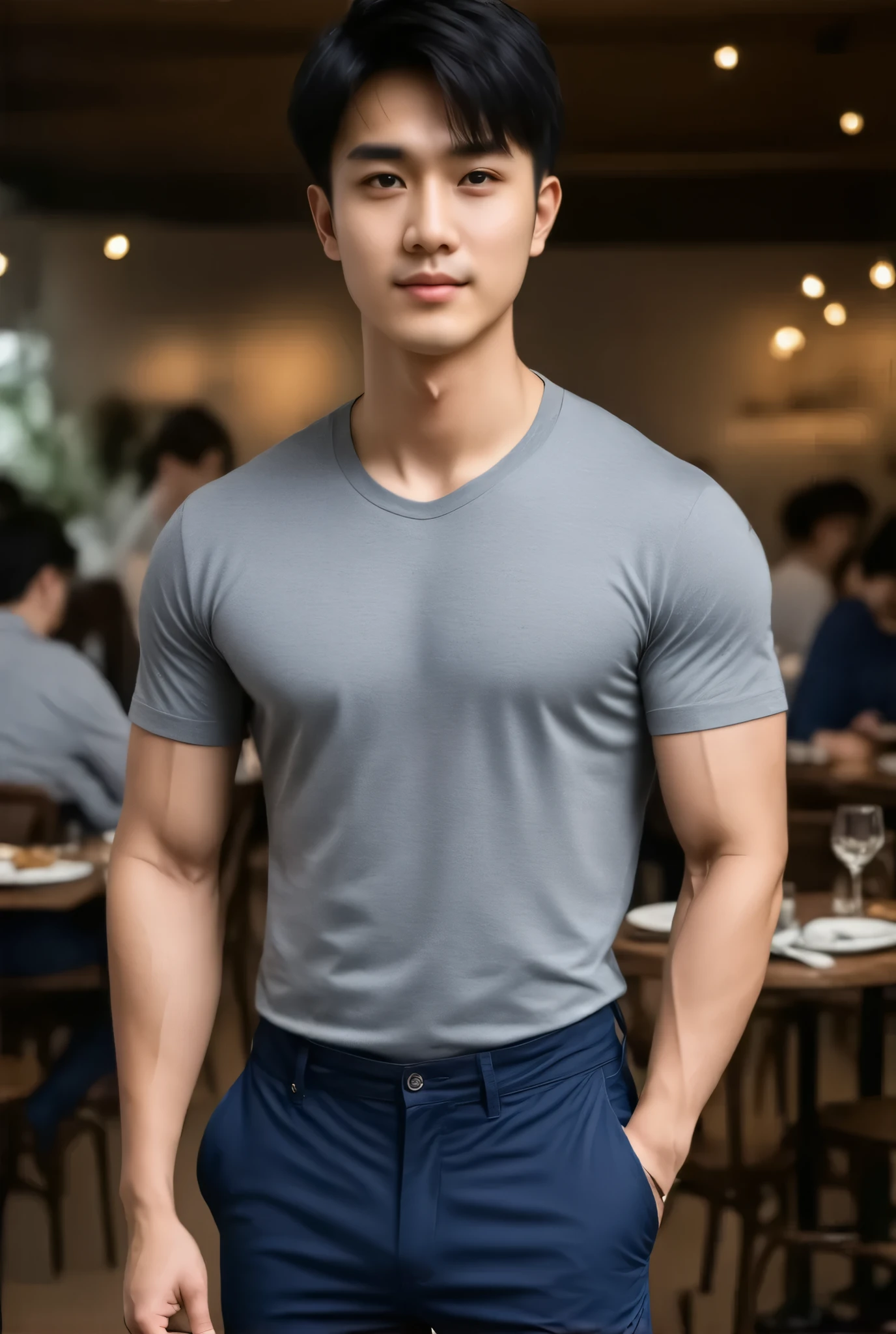 Andrew thomas huang, oval face, eyeglasses, neat muscular, sleeveless shirt, short shorts, posing, living room