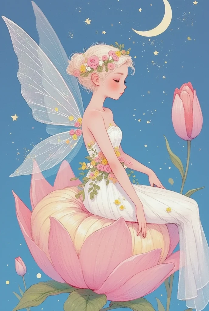 a cartoon fairy sitting on a flower with a moon in the background, space flower fairy, beautiful fairy, fairy aesthetics, beautiful fairies, study of a flower fairy, astral fairy, beautiful fairie, faerie, portrait of a fairy, dreamy illustration, smiling as a queen of fairies, beautiful adult fairy, fairy-tale illustration style, dreamy and detailed