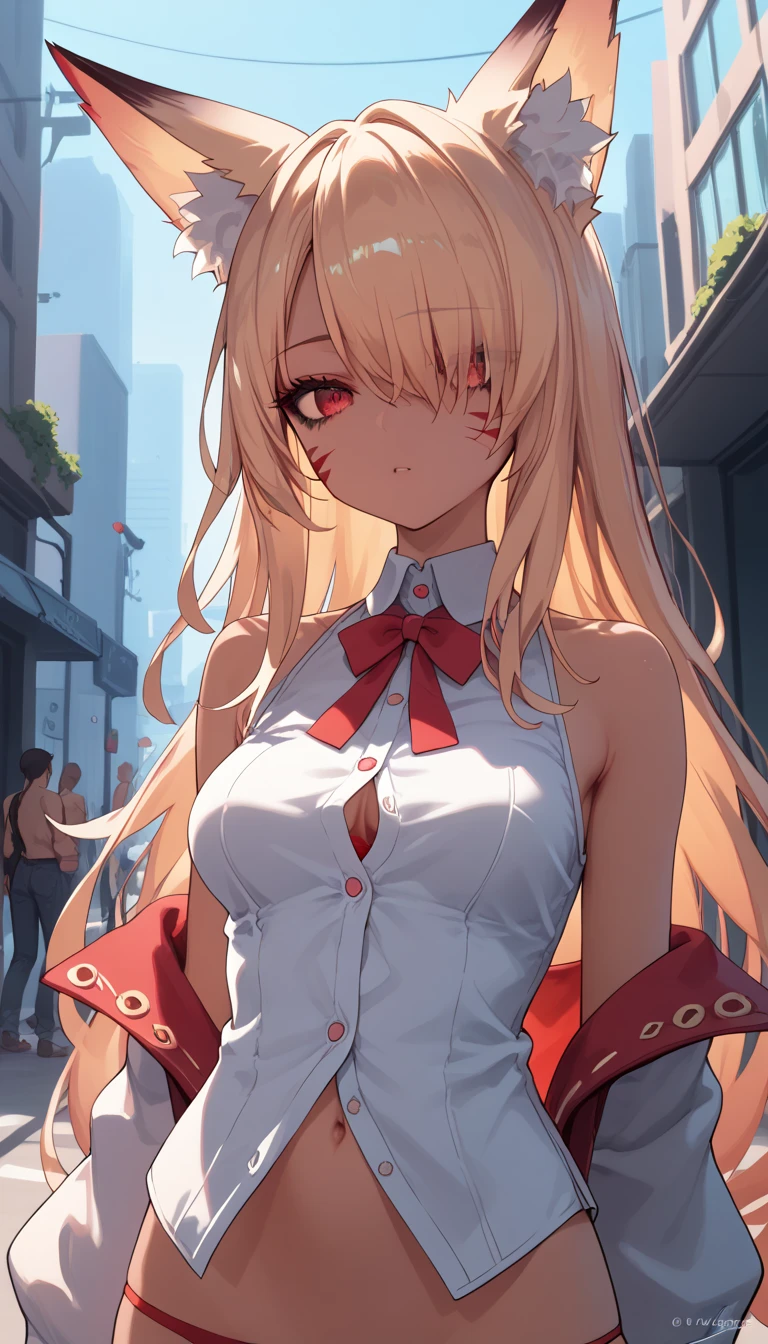  dark skin ,  hair covers the eye, rpg, sperm, bare shoulders, 1 girl,  long golden hair, 4K,  red eyes , , fox ears,  duration , hair template ,   red stripes on face,  compose, black mascara, cutout,  unbuttoned buttons , sleeveless, brassiere, bikini, city street