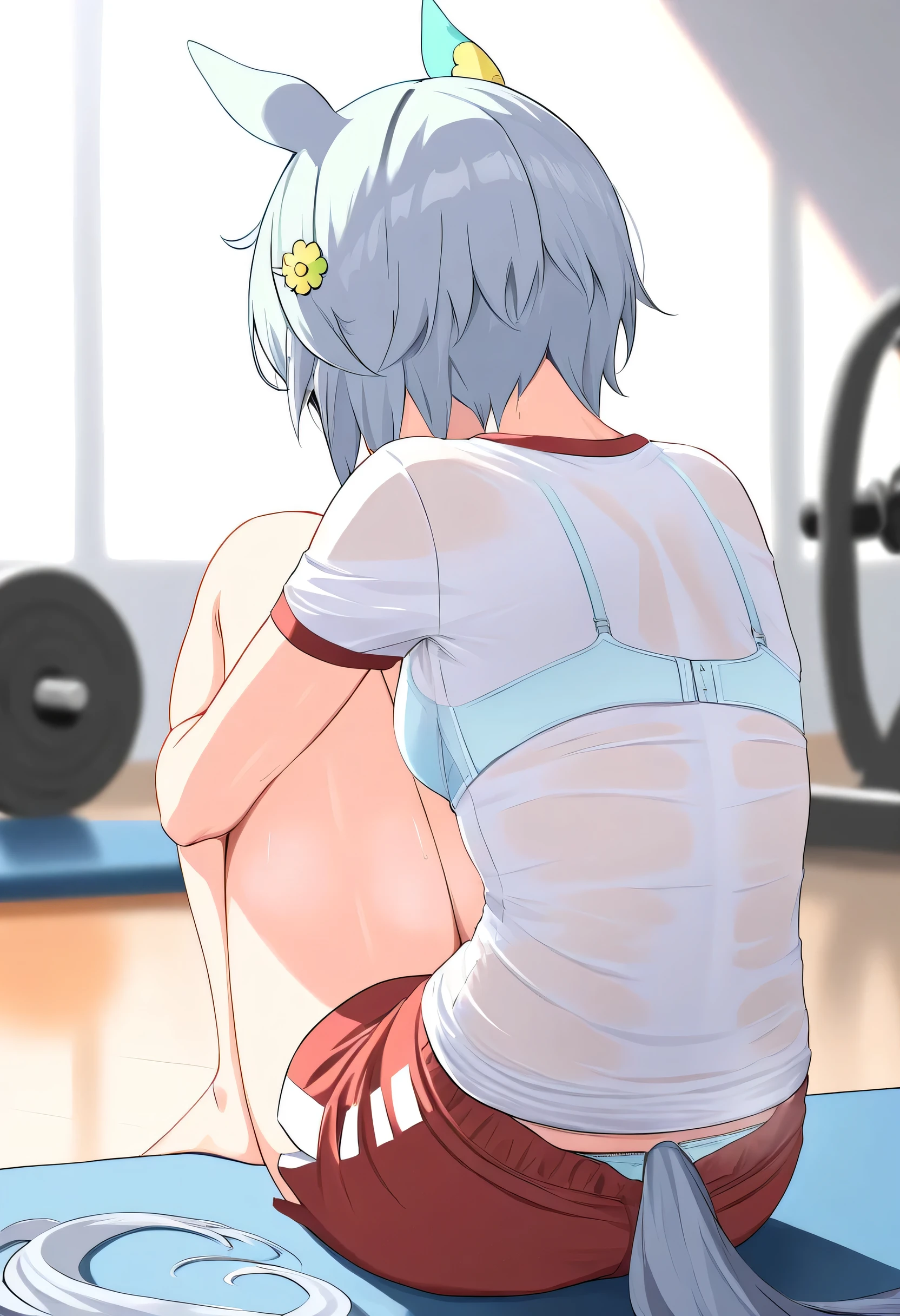 nsfw, ((1 girl)), cowboy shot, gym, umamusume, seiun sky, sitting, on floor, hugging own legs, (from behind), (back), back shot, red shorts, (t-shirt), white t-shirt, skyblue bra, (bra visible through clothes), skyblue panty, panty peek, body without discomfort, chest, small curvaceous, small breasts, ((masterpiece)), (best quality), (absurdres), (ultra detailed), (very aesthetic)