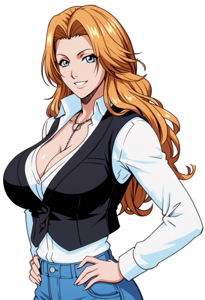 hyper realistic Detailed high quality image 4k Image 1woman, solo, Rangiku Matsumoto, white background, smile, looking at viewer, cleavage, large breasts, white t shirt, LONG SLEEVES,  black vest, BLUE JEANS, open vest, smile, HDR, 32K, 8K, 4K, (Masterpiece:1.3), (best quality:1.2),