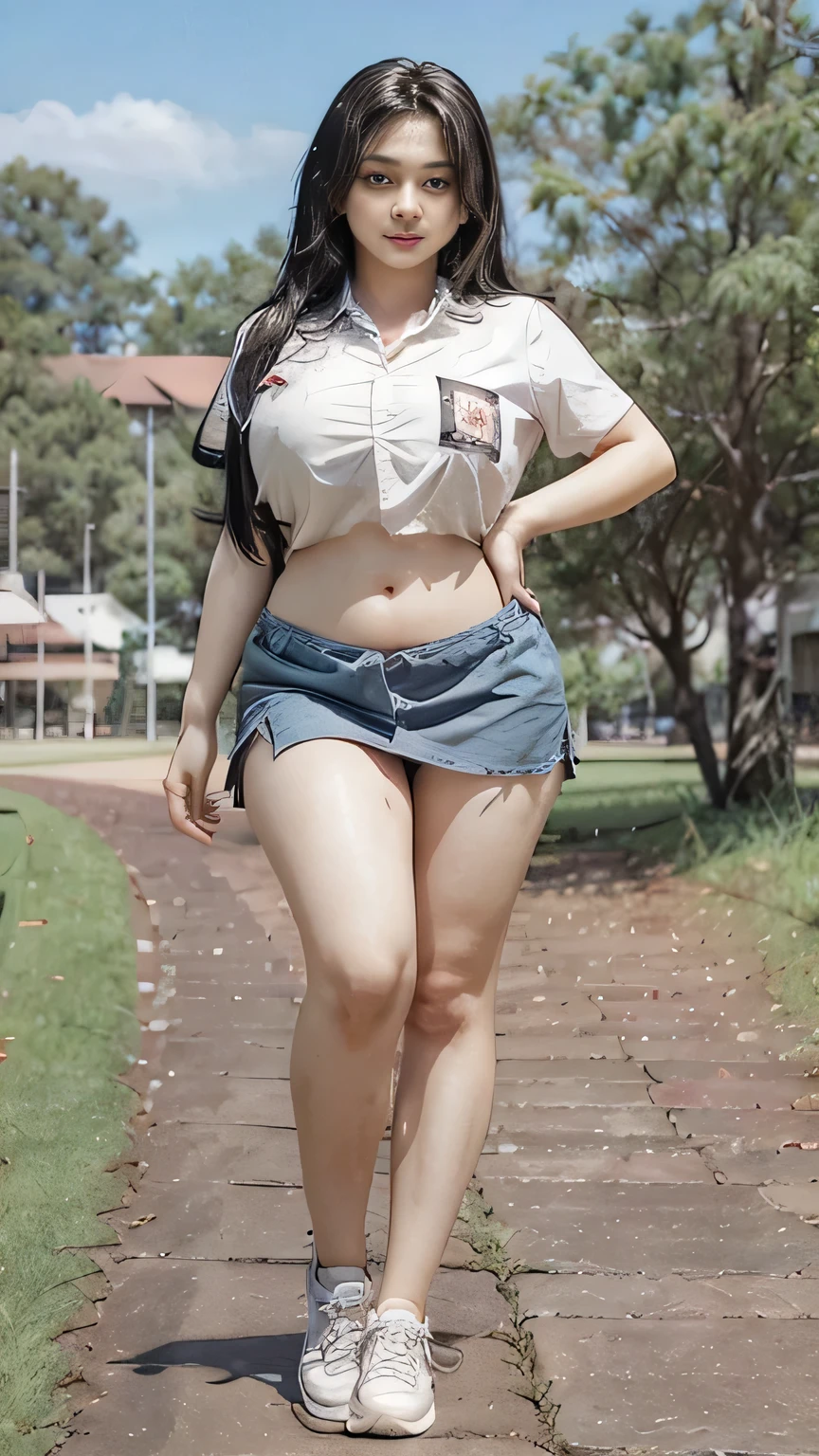 1girl, (Indonesian_high_school), detailed face, detailed eyes, thick huge breasts, detailed skin, looking at the audience, clear light, (8k, RAW photo, best quality, masterpiece: 1.4), (realistic, realistic: 1.37), (distance: 1.5), ultra-high resolution, photorealistic, high resolution, solo, wide muscular hips, realistic face, (detailed face), sexy pose, black hair Color, camera shot from under, (busty), clean armpit, six pack belly, large breasts, full body angle, 19-years-old-girl, perfect thighs, muscular thighs, muscular arms, standing in a park, wearing sexy short skirt, wearing tight closed-button shirt, asian goddess, long hair, straight hairstyle, muscular belly, thick wide muscular hips, muscular arm, full body view, curvy body, tall body, smooth body, smooth legs, smooth skin