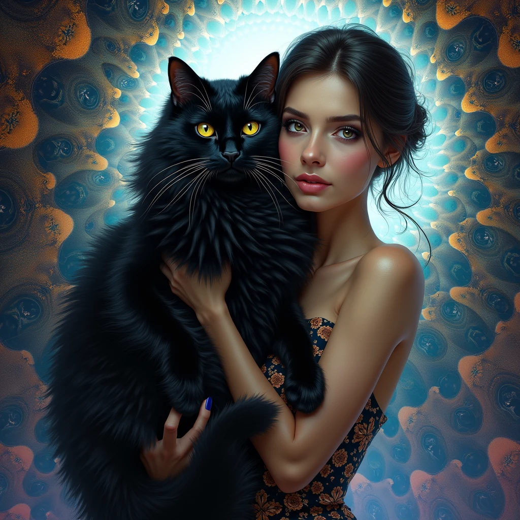 An enchanting image of a bewitching catwoman with crystal-clear, iridescent skin that perfectly captures her dramatic beauty. Her eyes, feline lips, and fur are adorned with delicate chrysanthemums and luminescent gemstones. A soft, diffused light filters through the cat's iridescent skin, casting intricate patterns across the image. Soft bokeh highlights the iridescent surfaces, emphasizing the vivid colors. wide aperture, soft lighting, telephoto lens