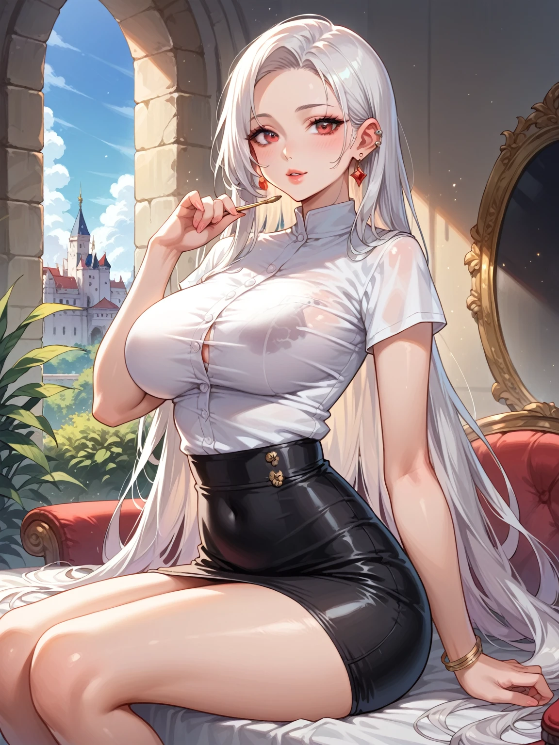 score_9_up, score_8_up, score_7_up, A detailed illustration in anime style. A young woman with long flowing white hair. She had an intense and seductive expression with smooth flawless skin, piercing red eyes, and a hint of red on her cheeks. She wears an elegant, form-fitting, shimmering white tight shirt and black mini skirt. The background is a castle venue, and the lighting effect with a soft gradient of light grey and white tones highlights her hair and outfit. She is sitting elegantly, with the regal expression of superiority, slim and tender, she has huge breasts, with a close-set European face.