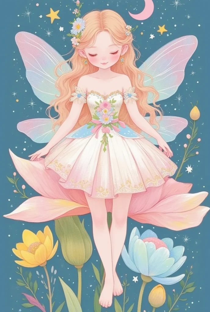 a cartoon fairy sitting on a flower with a moon in the background, space flower fairy, beautiful fairy, fairy aesthetics, beautiful fairies, study of a flower fairy, astral fairy, beautiful fairie, faerie, portrait of a fairy, dreamy illustration, smiling as a queen of fairies, beautiful adult fairy, fairy-tale illustration style, dreamy and detailed