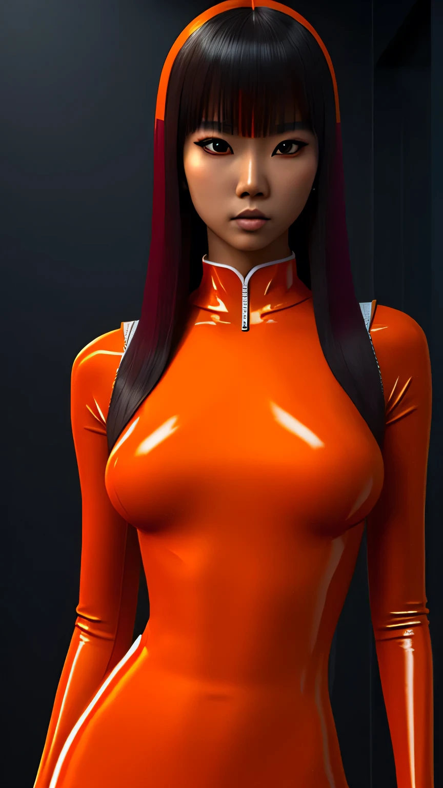 80’s glam rock styling, shiny skin, asian teen, anime, 2.5D, moody lighting, (Red, Yellow, and Orange), red latex, abstract ai model, pretty, sexy, minimal, sleek, slender, asian, elegant, chic, futuristic, retro, sophisticated half human half machine, big breasts, cleavage, 
