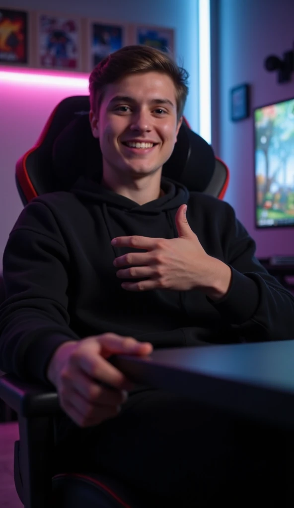 A boy of approximately 25 years old, Is sitting in a gamer chair , with free hands and a friendly face, wearing black clothes . In the background, a gamer setup a bit blurry like a camera lens, with lights that create an attractive and immersive atmosphere . He seems to be presenting something to a camera