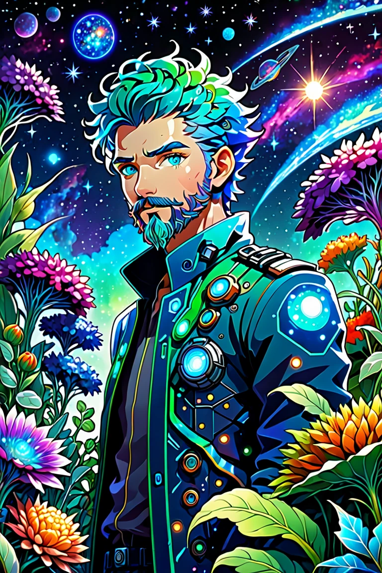 Sticker, simple background, A man with striking sky-blue and green eyes, and short multicolored hair, and dense beard. is working in a garden full of vegetables of all colors and sizes. The vivid colors stand out in the scene, which has a futuristic cyberpunk theme. Above him, the sky transforms into a cosmic and galactic spectacle, with nebulas and stars shining intensely. The contrast of the plant life with the futuristic elements and the starry sky creates a unique and fascinating image. anime style. 2D Rpg game style. Masterpiece, high detailed.