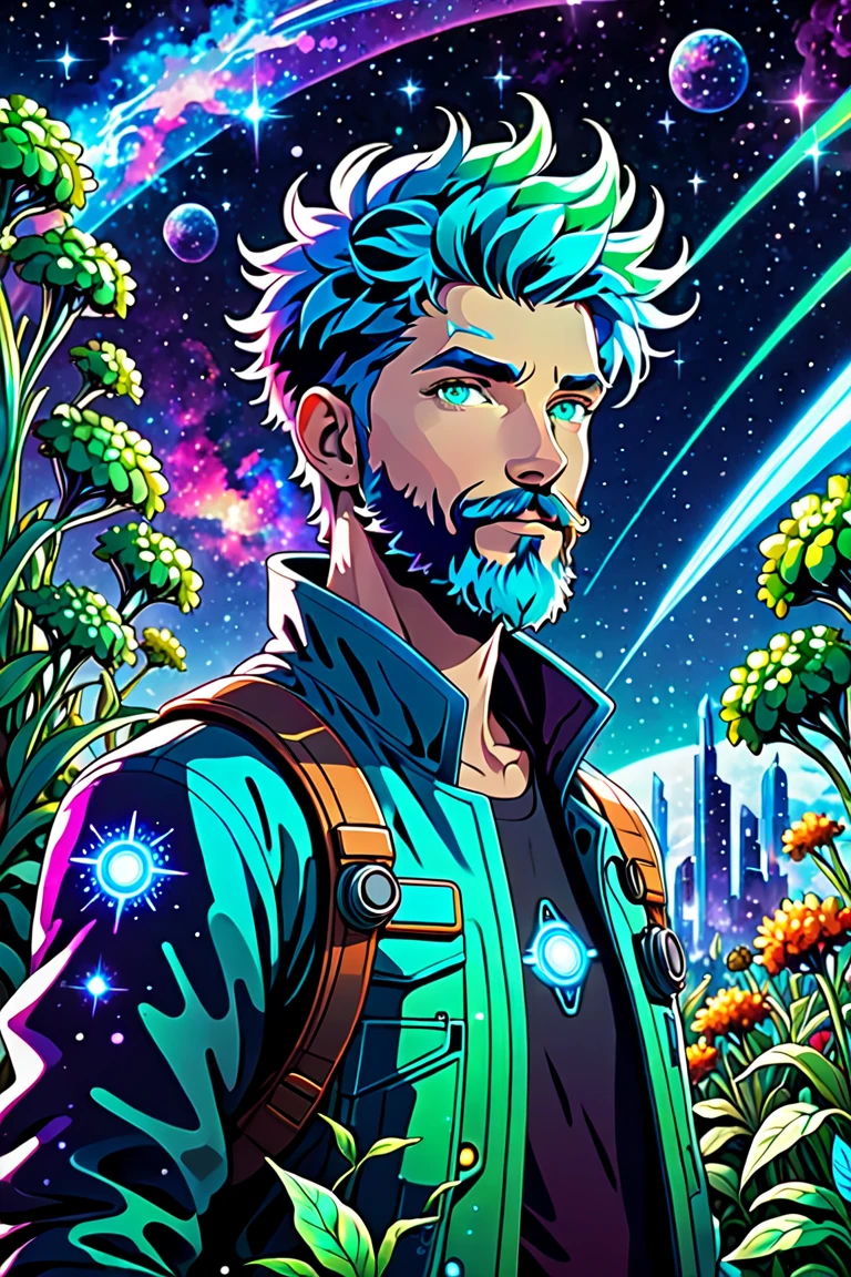 Sticker, simple background, A man with striking sky-blue and green eyes, and short multicolored hair, and dense beard. is working in a garden full of vegetables of all colors and sizes. The vivid colors stand out in the scene, which has a futuristic cyberpunk theme. Above him, the sky transforms into a cosmic and galactic spectacle, with nebulas and stars shining intensely. The contrast of the plant life with the futuristic elements and the starry sky creates a unique and fascinating image. anime style. 2D Rpg game style. Masterpiece, high detailed.