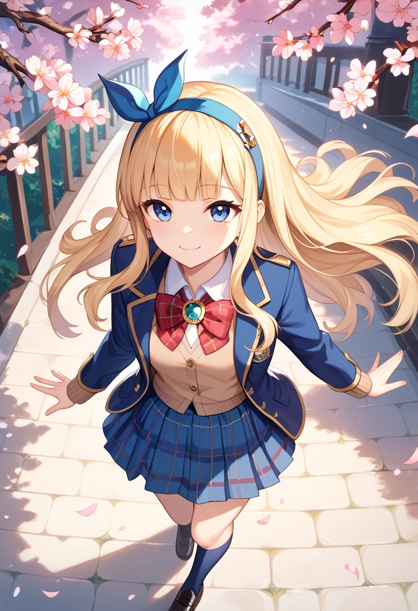 masterpiece, best quality, highly detailed, intricate details, 1girl, a girl hugging a magic book while walking on a stone-paved path, book, gbf-cagliostro, blonde hair, long hair, (blunt bangs:0.88), blue eyes, blue hairband, hair ornament, brooch, prestige school uniform, blue jacket, brown cardigan, red plaid bowtie, jewelry, blue skirt, clothing style lines, white kneehighs, black mary jane shoes, looking up, light smile, cherry blossom branches, falling cherry fetals, lawn, romantic lighting, heartwarming, from above