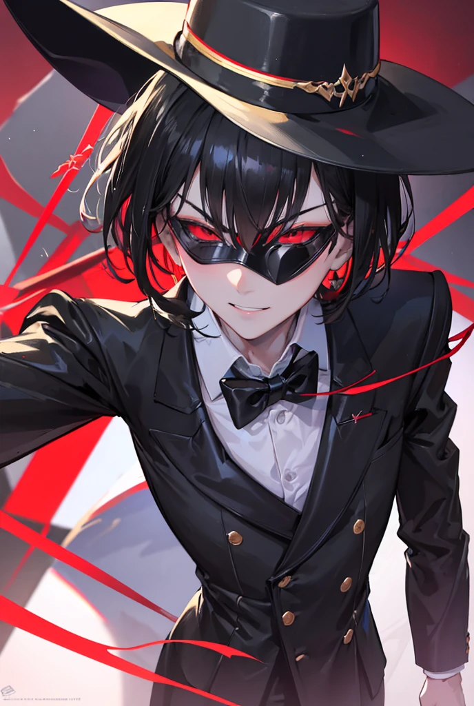 1boy, standing portrait, Central Focus, Centered, Fully in-frame, Solo, Standing still, zoomed out, opera eyemask, aiming gun at you

Gender: Male

Appearance: Masked black-haired Mafia boss boy with a black fedora and eyemask wearing a three-piece crime boss tuxedo, dangerous smile, aiming gun at you