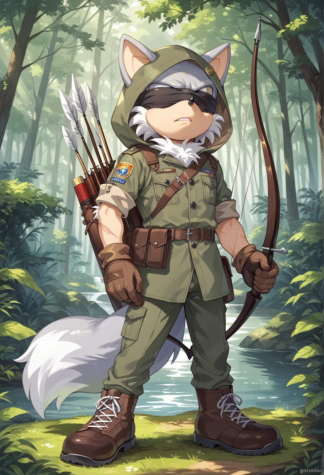 Male Wolf, ((Sonic character oc )), Male adult, ( silver fur in all body ), ( light gray inner ears ), (Alone), ( Short and messy hair ), forest, Left eye Blind , scar near the left eye that crosses the left eye diagonally, bow and quiver, con un hunter bow , Archery, wears a hood, brown gloves with cut toes and boots, yellow Eyes, Day time, ((mobian)), moebius forest, ranger clothing, (Fluffy Fur), Large Fluffy Tail, Serious poses, blindfold Over one eye,