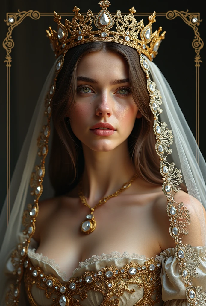 portrait Alexandra Daddario, wearing sexy veil bride gold outfit, against the background of the Eiffel Tower, 9 9 9 9 s, curly hair, intricate, elegant, highly detailed, digital painting, artstation, concept art, smooth, sharp focus, illustration, art by thomas kindkade, charlie bowater, artgerm, greg rutkowski, alphonse mucha and alexandra fomina, 36k, glittering, shining