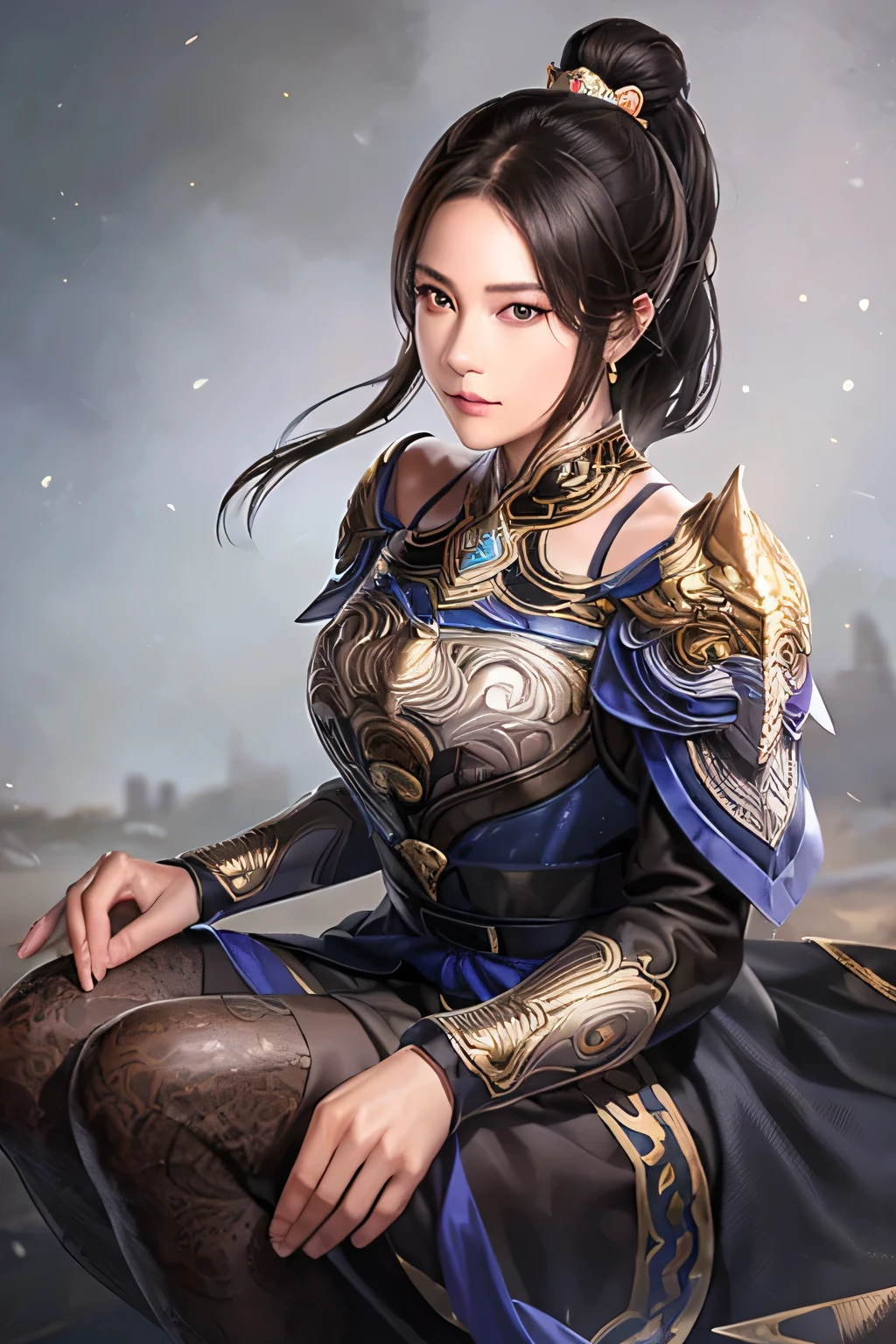 18 year old slim Chinese woman, slim middle aged woman,realistic,chinese_Armor,alone,Background of ancient chinese cities,detailed_eye,shoulder_Armor,(검은 eye),looking at viewer,(masterpiece:1.2), (best quality:1.2), perfect eye, perfect face, perfect lighting, (8K),(complete anatomy), Nee Shot