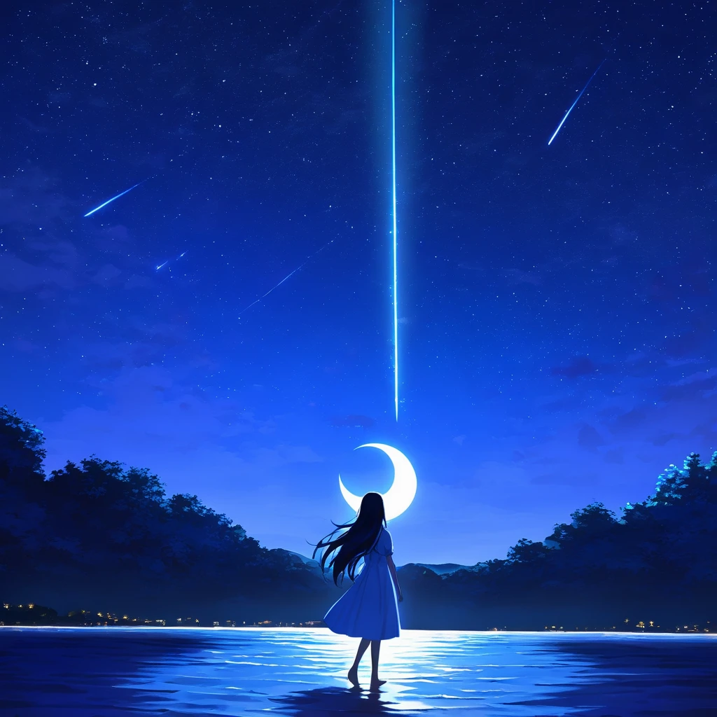 Fundazy , moonlight, crescent,nature, shooting stars,Peaceful seaside , Illuminations, girl looking out at the ocean, long hair, dress,