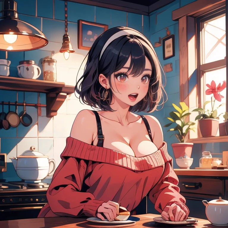 masterpiece, 1girl, Amazing Cleavage:1.3, thin waist, big ass, Raised sexy, medium breast:1.3,posed cleavage:1.2,solo, looking at viewer, open mouth, have a cup of coffee,black hair, red eyes, dress, bare shoulders, jewelry, collarbone, sidelocks, hairband, earrings, indoors, off shoulder, :o, sweater, arms behind back, plant, short hair with long locks, white hairband, off-shoulder dress, sweater dress, off-shoulder sweater, red sweater, big side hair, very long side hair,is rendered in (masterpiece: 1.2, best quality), with (ultra high resolution) and an exquisite (depth of field). This masterpiece is not only visually stunning but also tells, make of cooking some cakes ,in the kitchen