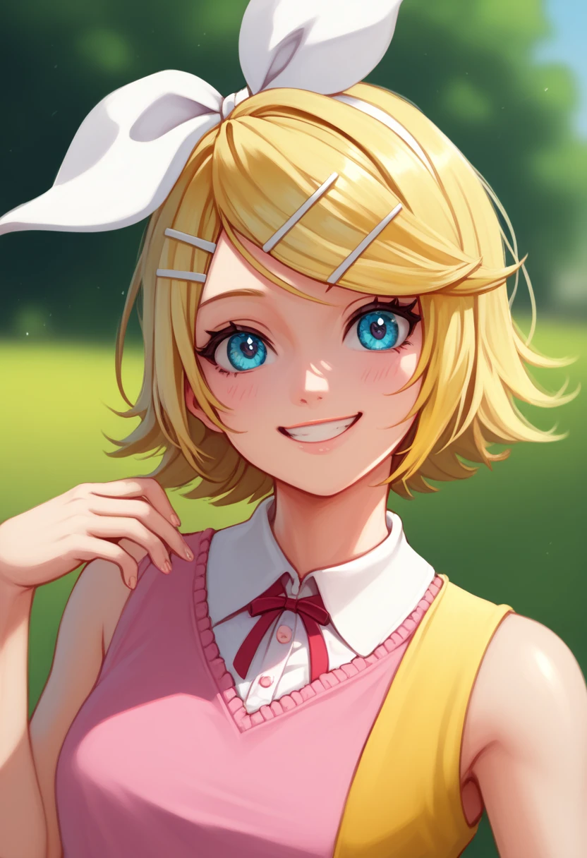 score_9, score_8_up, score_7_up, score_6_up, score_5_up, score_4_up , 1GIRL, rin kagamine, blonde hair, blue eyes, hair bow, short hair, yellow sleeveless dress, pink shirt, long sleeved shirt, smile, looking at viwers, daisy, day, HDR, 32K, 8K, 4K, (Masterpiece:1.3), (best quality:1.2),