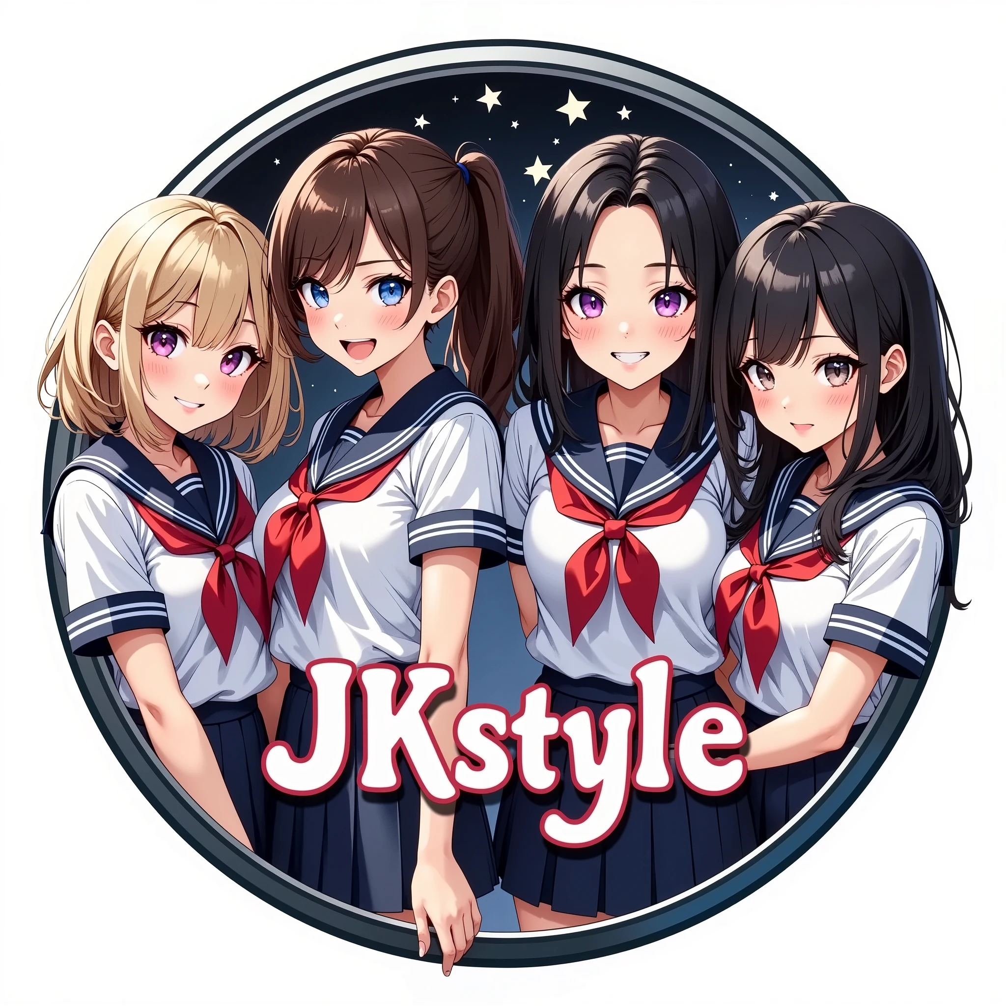 Group logo text: JKstyle, Circular logo for an intimate group of friends consisting of four teen high school girls in sailor suits. it should be cool, like a game title.