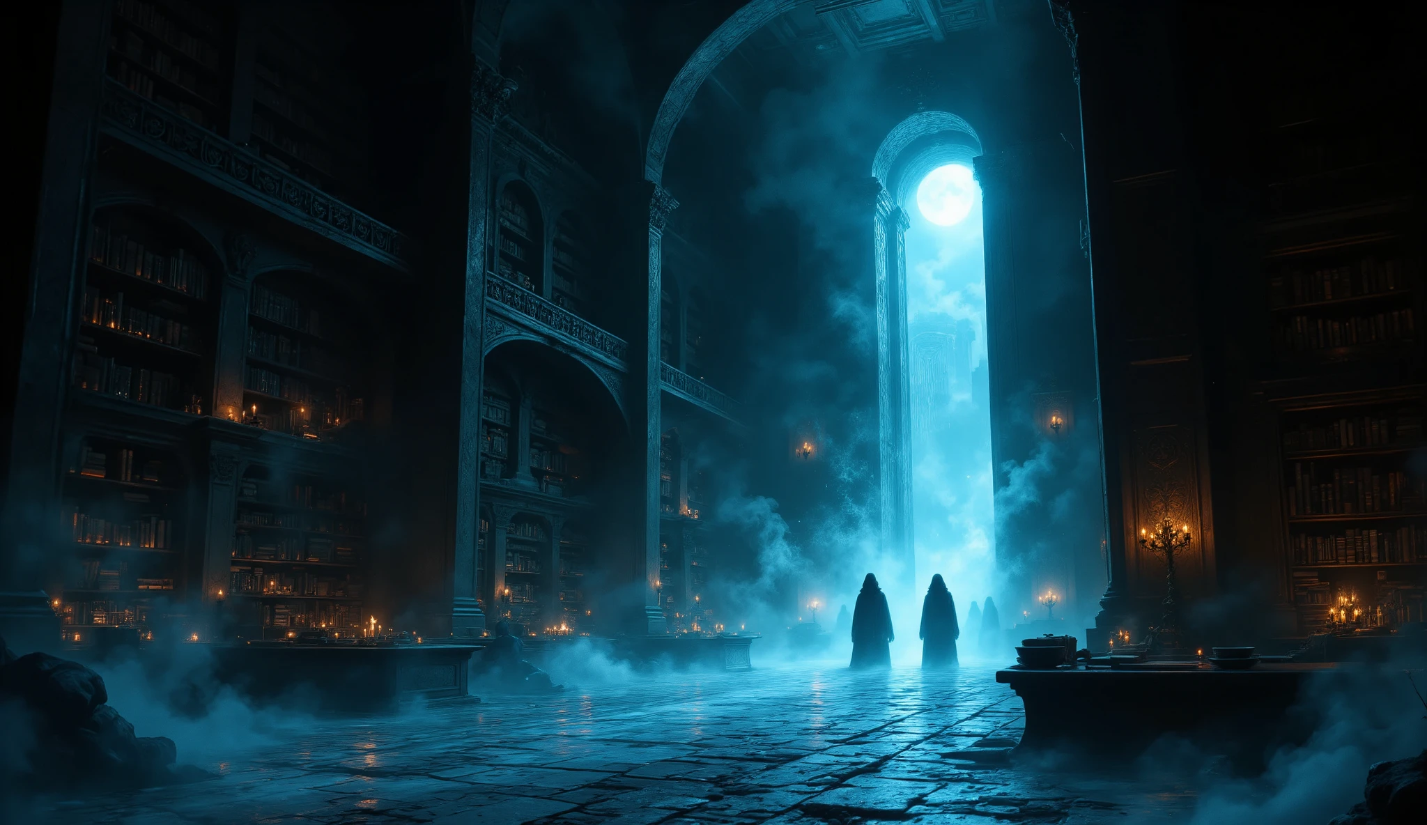 Illustrate a darkened corner of the library where the towering bookshelves cast deep, long shadows. Subtly depict ghost-like, spectral figures moving between the shelves, barely visible in the dim, eerie blue light. The scene should include lanterns casting faint glows, adding to the mystery and tension.