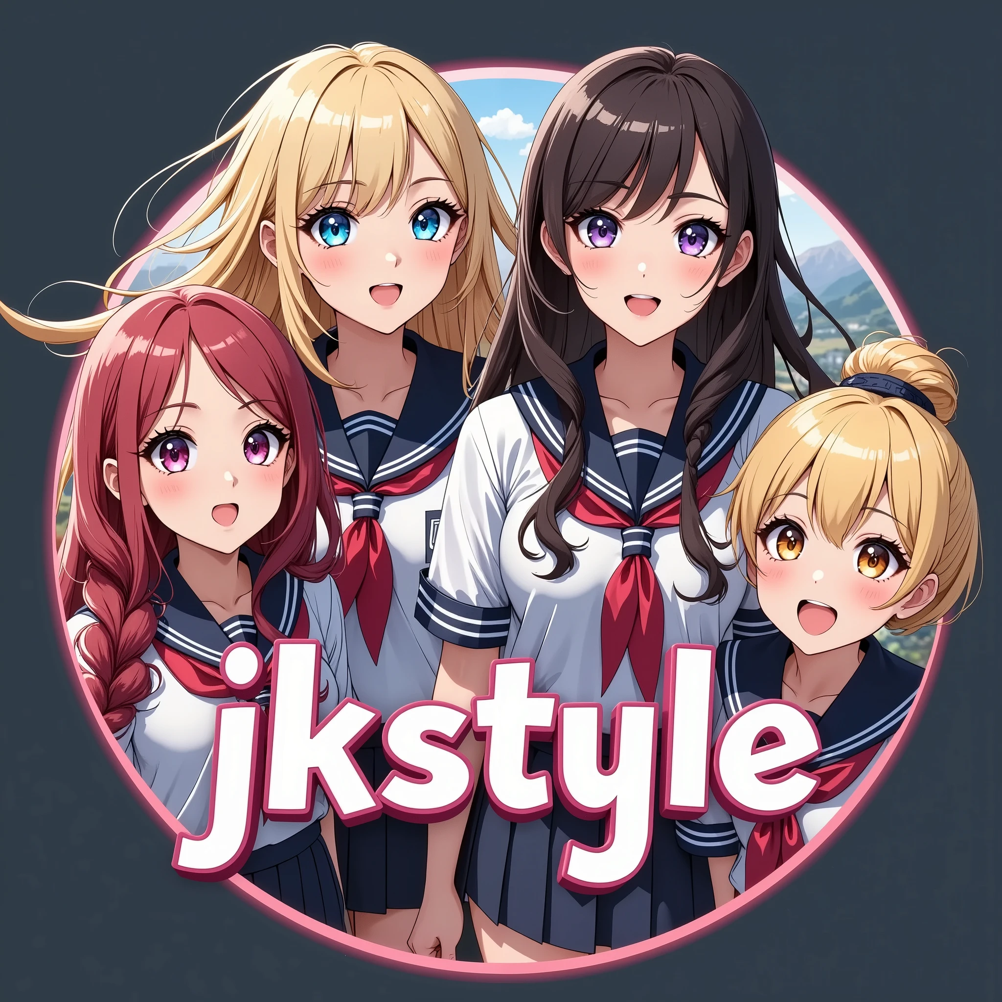 Group logo text: JKstyle, Circular logo for an intimate group of friends consisting of four teen high school girls in sailor suits. it should be cool, like a game title.