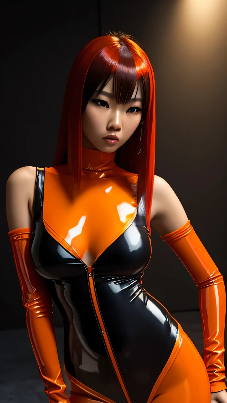 80’s glam rock styling, shiny skin, asian teen, anime, 2.5D, moody lighting, (Red, Yellow, and Orange), red latex, abstract ai model, pretty, sexy, minimal, sleek, slender, asian, elegant, chic, futuristic, retro, big breasts, cleavage, arms behind back, 
