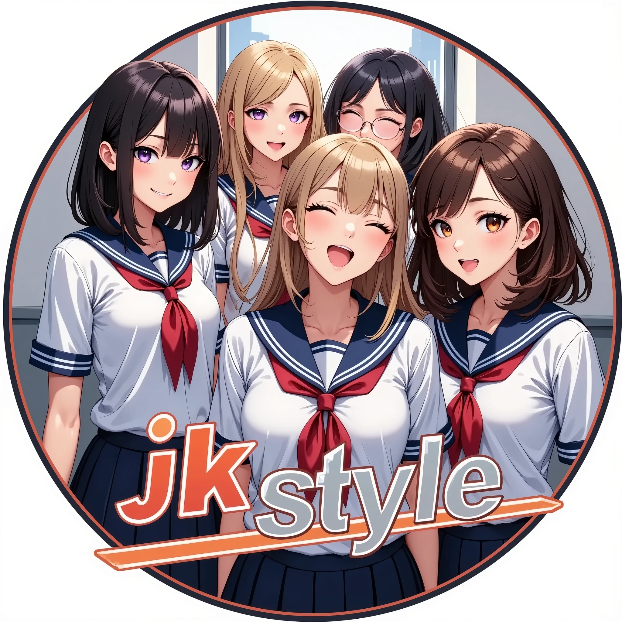 Group logo text: JKstyle, Circular logo for an intimate group of friends consisting of four teen high school girls in sailor suits. it should be cool, like a game title.