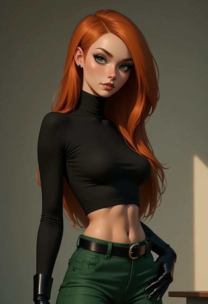 1girl,solo,long hair,black gloves,navel,green eyes,midriff,belt,green pants,orange hair,black crop top,turtleneck,room,room background,cowboy shot