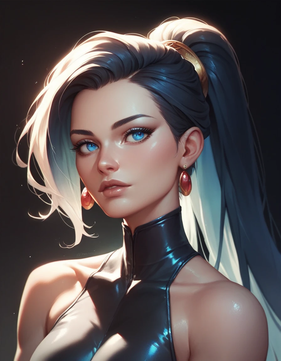 female black sleeveless catsuit with bare shoulders and racerback, bare toned arms, beautiful face, black ponytail with showing forehead, long ponytail, earrings, soft smooth skin, pale skin, black background, blue eyes, sci-fi, high contrast